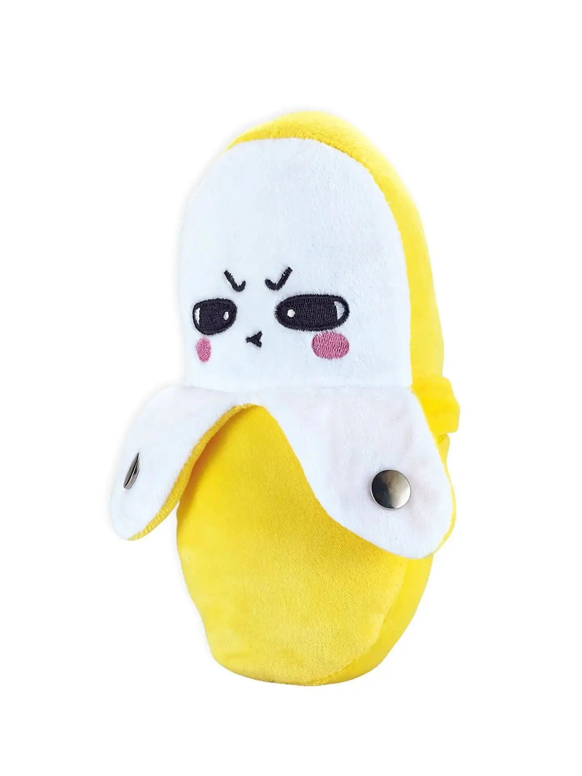 A yellow plush toy shaped like a banana with a distressed face, used as a fruit-sensing musical piano toy.