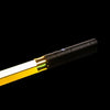 A black lightsaber with a yellow blade and blue accents against a black background.
