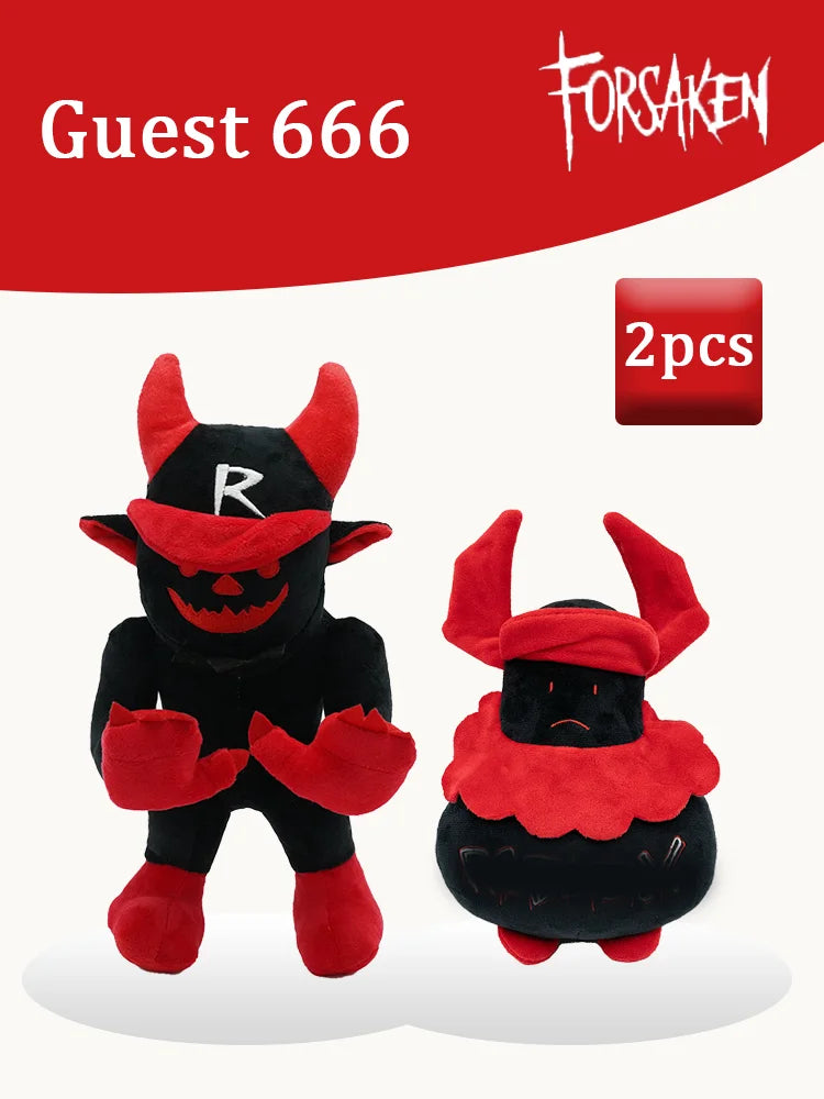 A pair of black and red plush rabbit stuffed toys inspired by the Forsaken game.