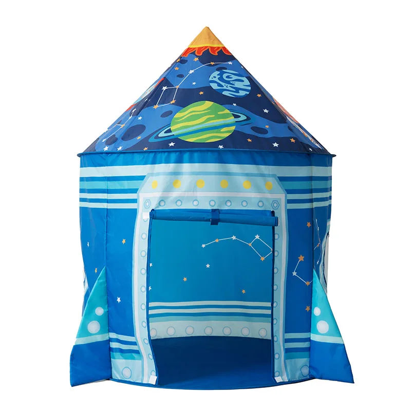 A blue rocket ship pop-up play tent with a conical roof decorated with stars and planets.
