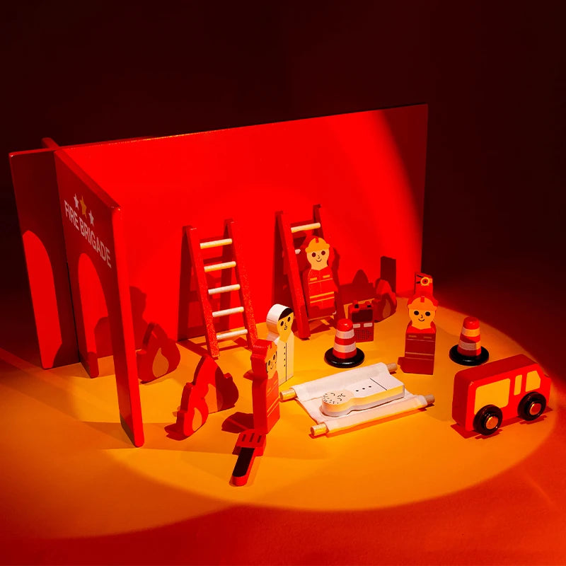 A red wooden building tool set for pretend play featuring ladders, figures, and construction elements on an orange surface.