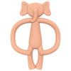 A light peach silicone elephant teething toy with large ears and a trunk.