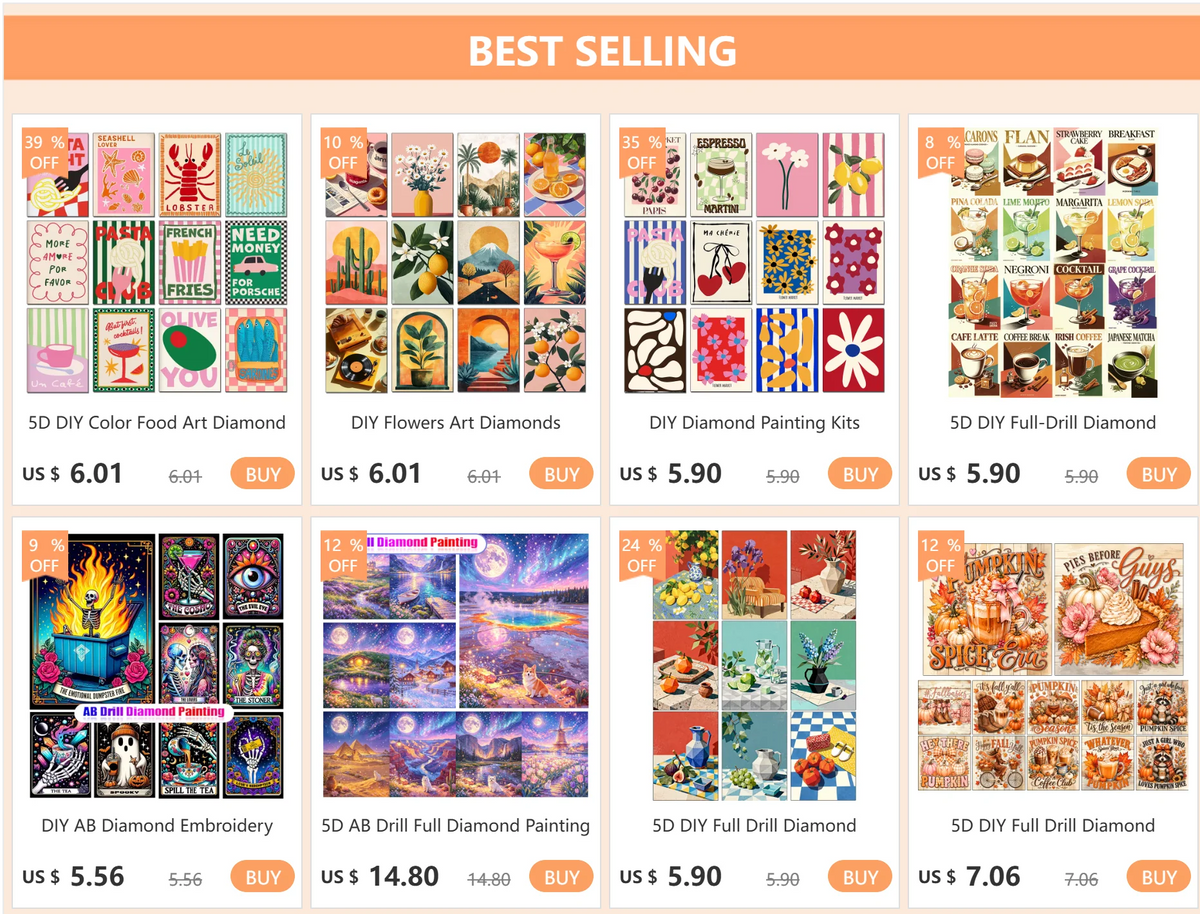 A collection of 5D Diamond Painting Kits featuring various floral and decorative designs.