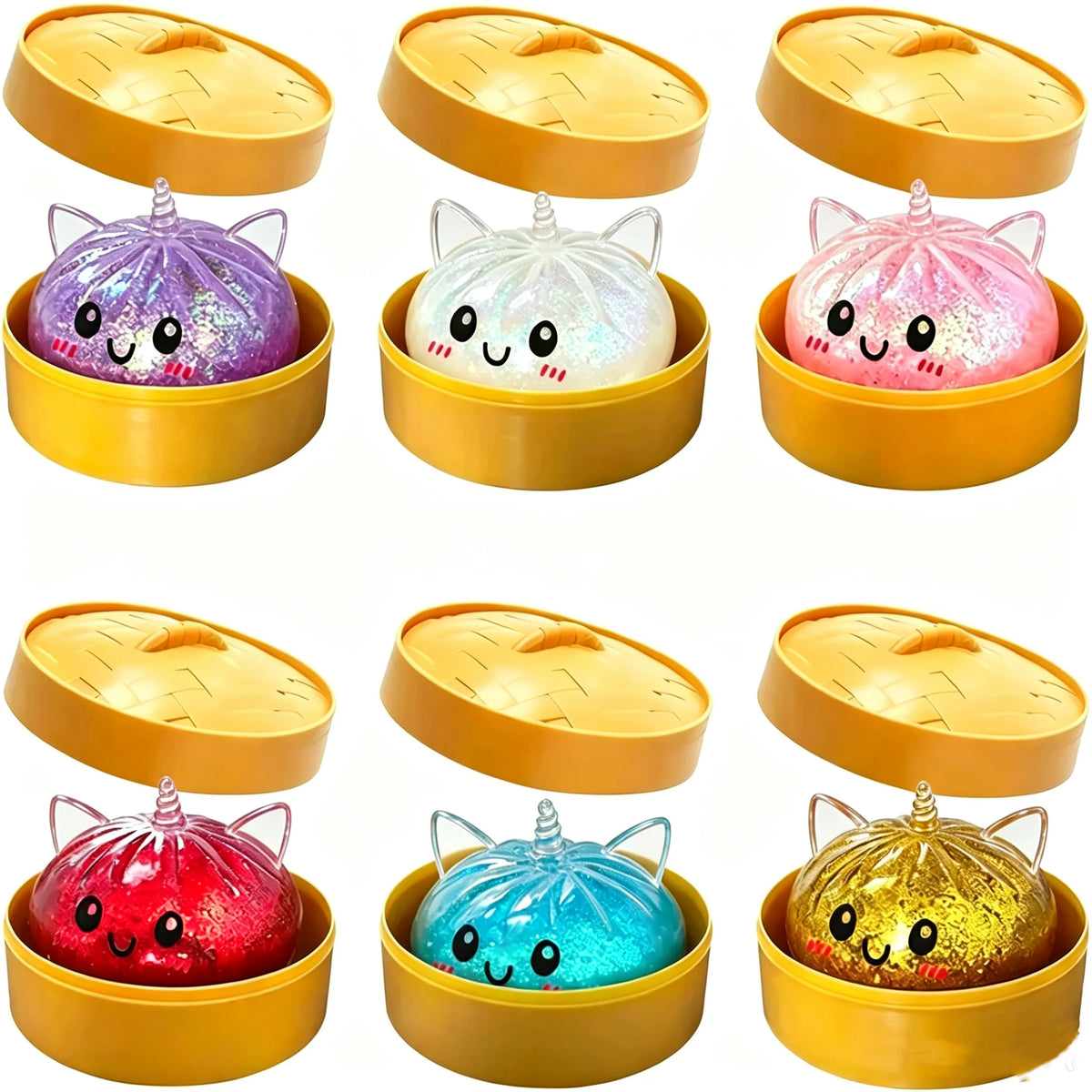 A set of colorful unicorn dumpling squishy stress balls in various colors packaged in bamboo steamer boxes.
