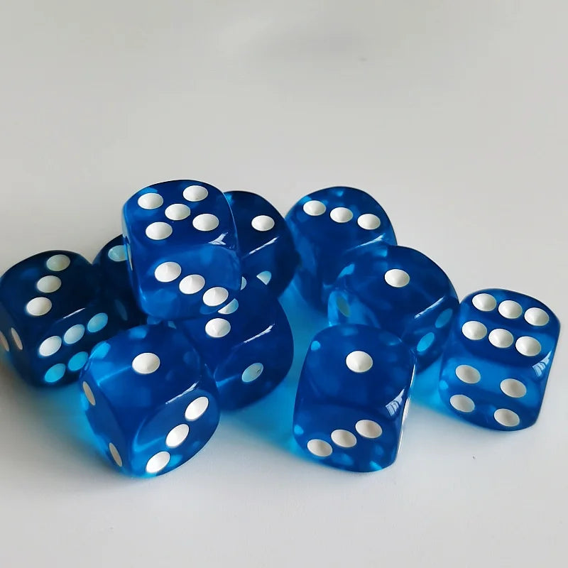 A collection of blue transparent dice with white dots scattered on a white surface.