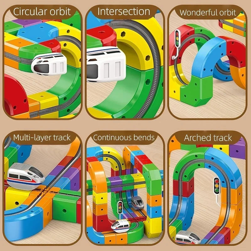 A collection of magnetic building blocks and train tracks showing various orbits, intersections, bends, and arched tracks.
