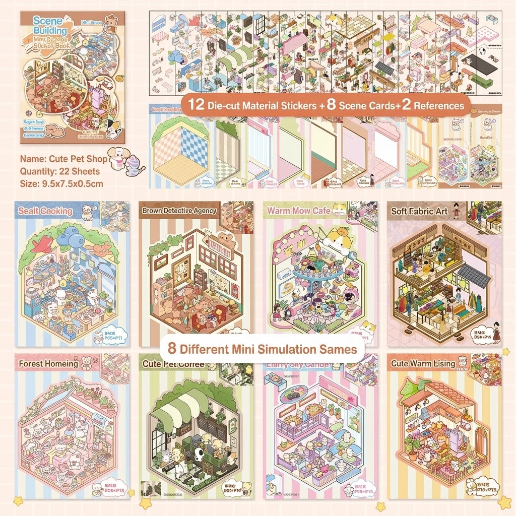 A collection of DIY 3D sticker scene books featuring various themed scenes like a pet shop, detective agency, and forest home
