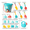 An assortment of 18 plastic beach sand toys including shovels and molds in various colors and sizes.
