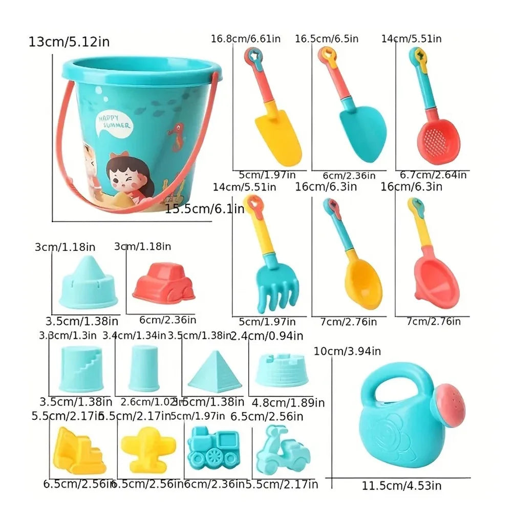 An assortment of 18 plastic beach sand toys including shovels and molds in various colors and sizes.