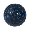 A blue 100-sided polyhedral die with numbers marked on its surface.