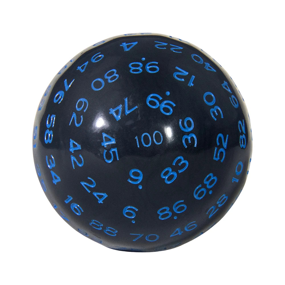 A blue 100-sided polyhedral die with numbers marked on its surface.