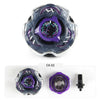 A metal spinning top with a purple and silver design shown in various views.