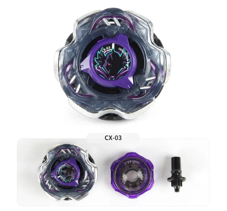 A metal spinning top with a purple and silver design shown in various views.