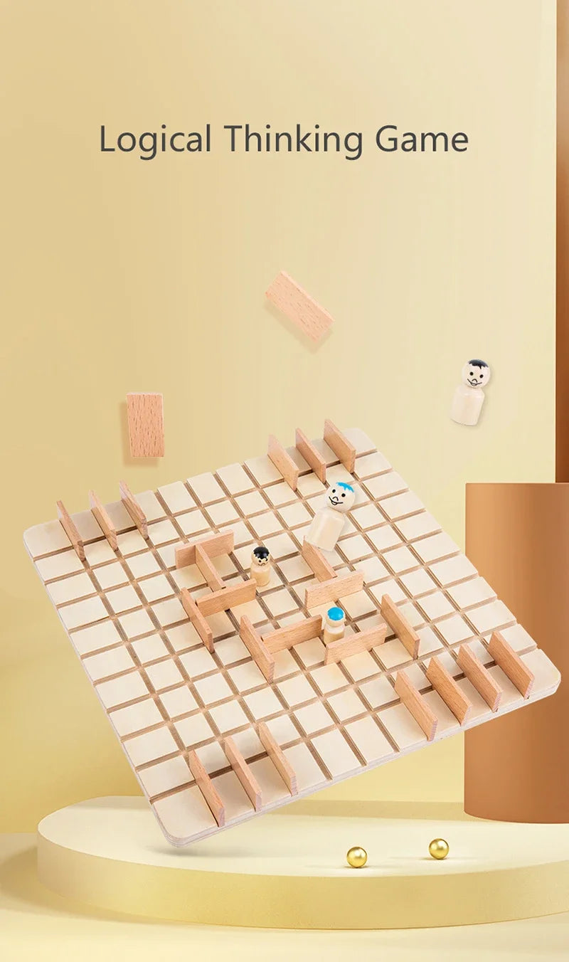 A wooden logical thinking game board with wooden pieces and a small figure, set against a light background.