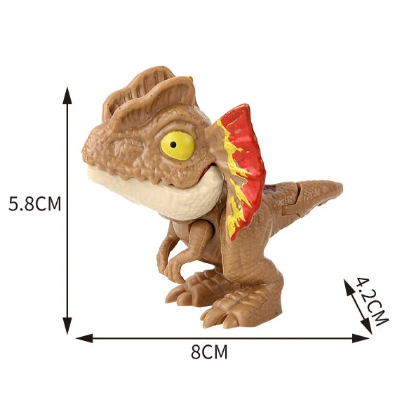 A small, brown finger dinosaur fidget toy with movable joints and a red-tipped snout.