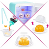 A mini refrigerator toy with a clear compartment showing an orange item and UV light indicators.
