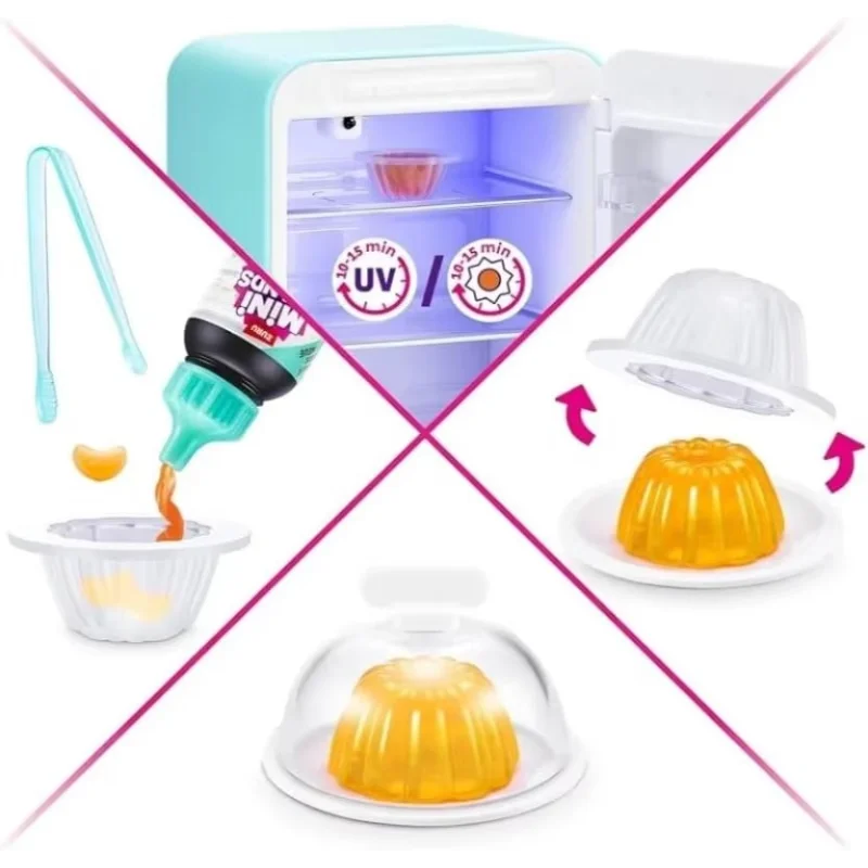A mini refrigerator toy with a clear compartment showing an orange item and UV light indicators.