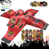 A red finger skateboard park set featuring ramps and rails with various skateboard decks displayed below.