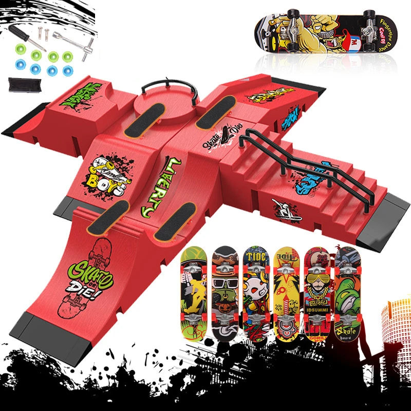 A red finger skateboard park set featuring ramps and rails with various skateboard decks displayed below.