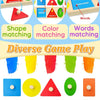 A diverse game play set featuring shape matching, color matching, and words matching puzzles for cognitive development.
