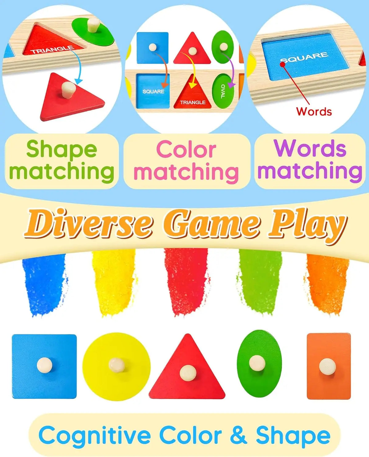 A diverse game play set featuring shape matching, color matching, and words matching puzzles for cognitive development.
