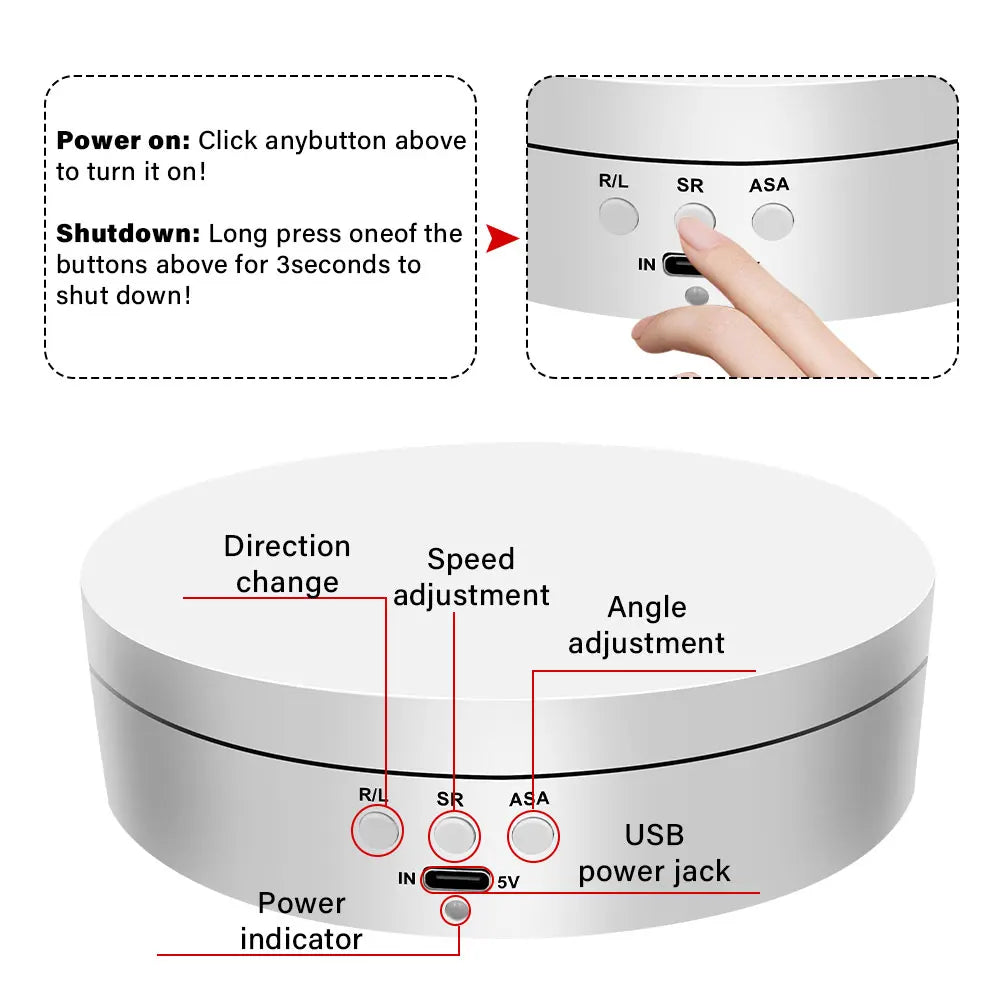 A white motorized rotating display stand with adjustable speed and angle settings and an USB power jack.