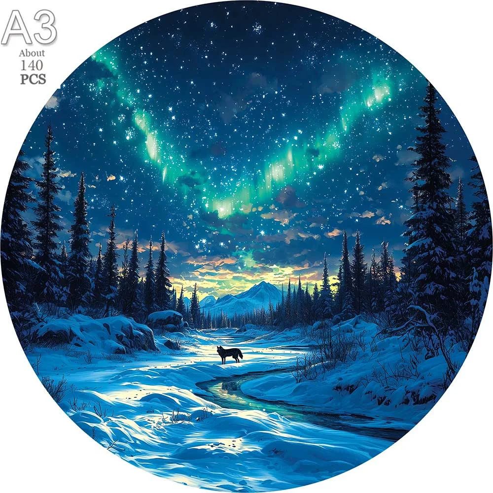 A circular painting depicting a winter landscape with aurora borealis and a black dog in the foreground.