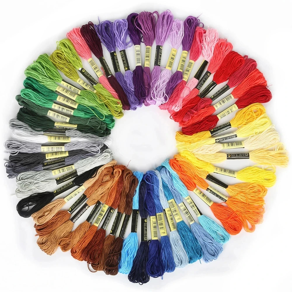 A circular arrangement of multicolor embroidery floss skeins in various shades including red, purple, green, yellow, and blue