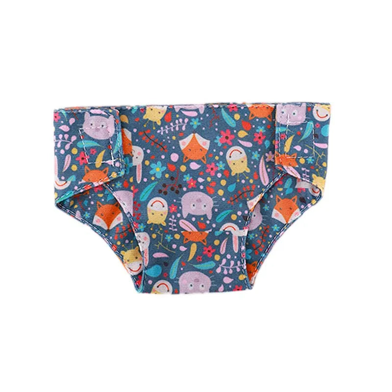A pack of soft doll underwear featuring a colorful, floral pattern for 18-inch dolls.