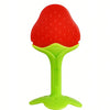 A bright red, fruit-shaped silicone baby teether with a lime green base.