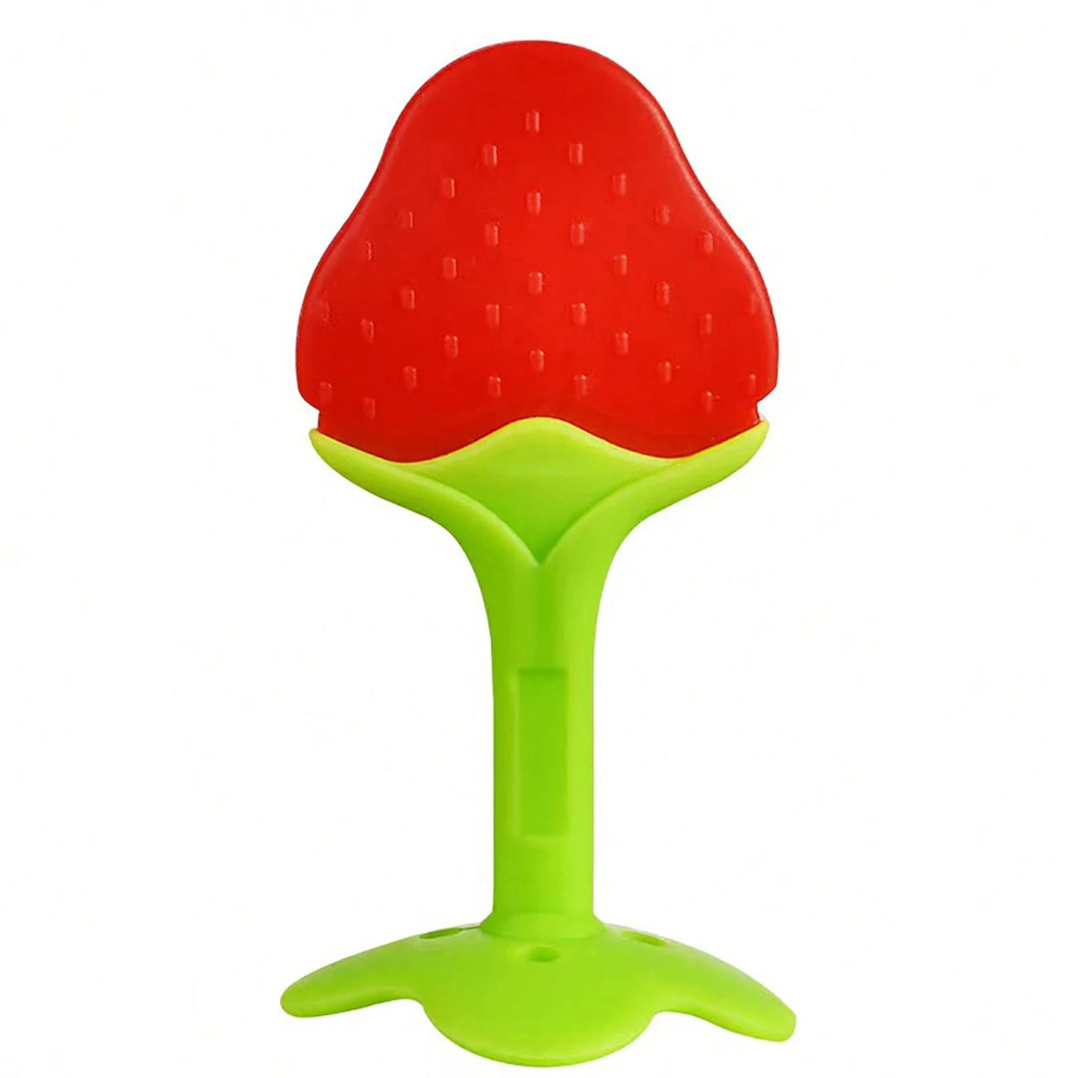 A bright red, fruit-shaped silicone baby teether with a lime green base.