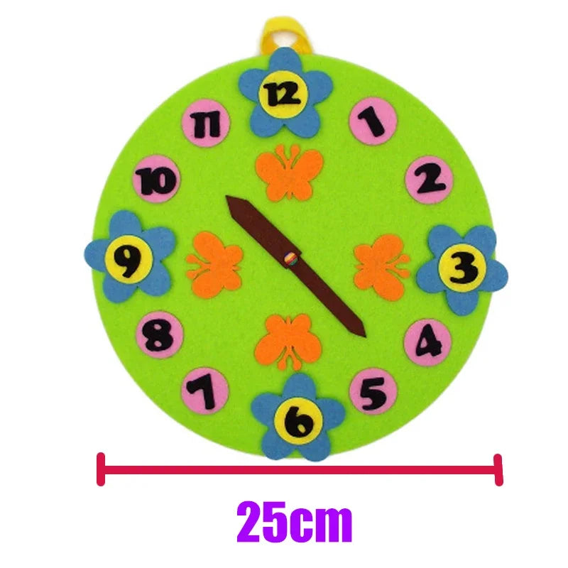 A green felt clock face with colorful felt numbers and hands, measuring 25cm.