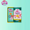 A box containing six Mini Brands collectible toys and a Zuru brand mini fridge accessory.