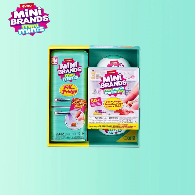 A box containing six Mini Brands collectible toys and a Zuru brand mini fridge accessory.