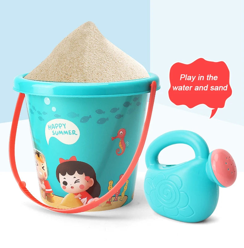 A turquoise bucket and shovel set for kids with sand and water play, featuring a large pile of sand.