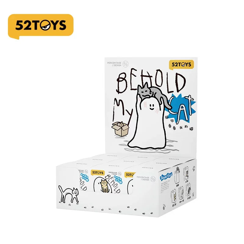 A box of Behold My Cat series collectible figurine featuring a cat peeking out from behind a white silhouette.