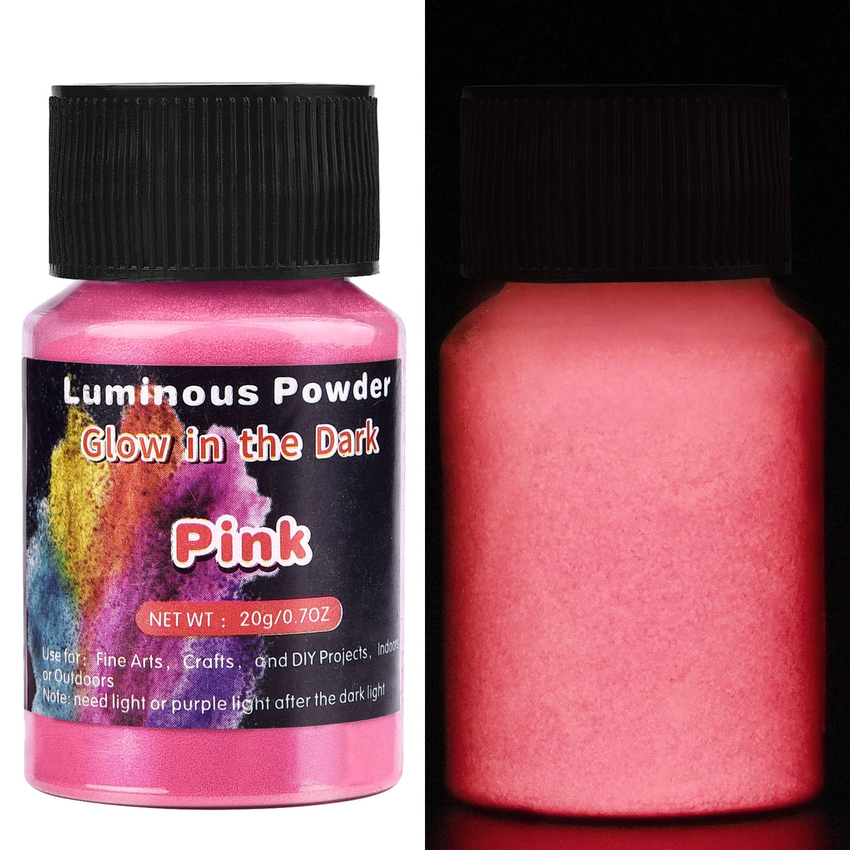 A jar of pink luminous glow-in-the-dark pigment powder for arts and crafts with a black cap.