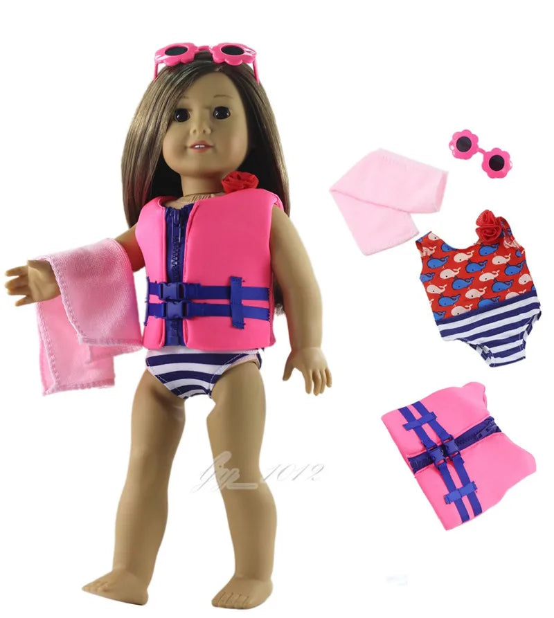 A doll wearing a pink vest and sunglasses, with matching pink accessories displayed separately.
