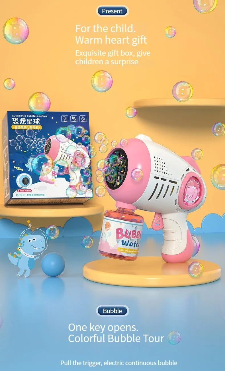 A pink automatic bubble machine toy is shown with a bottle and a round platform, surrounded by colorful bubbles.