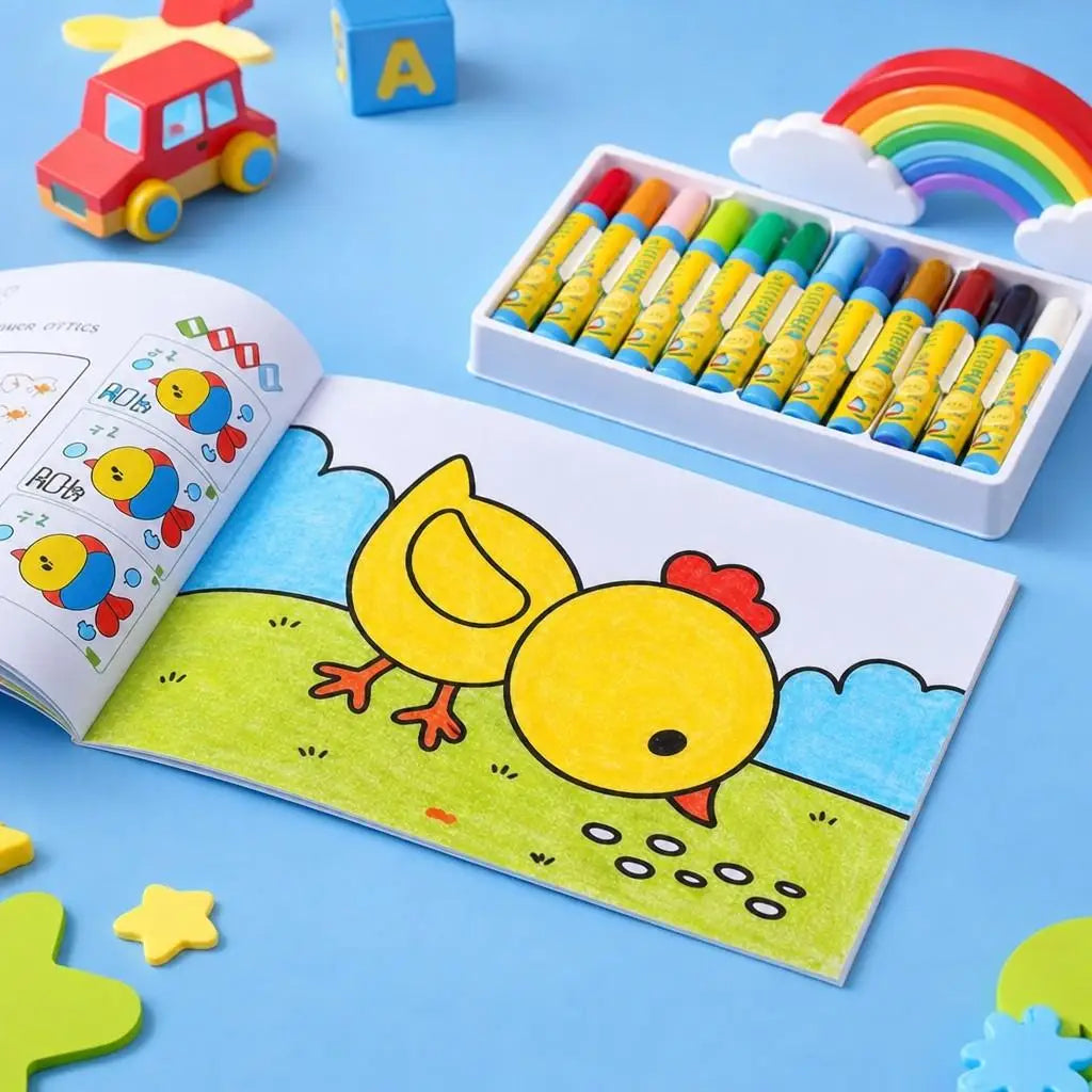 A coloring book featuring a yellow chick illustration and a box of colored pencils on a blue background.
