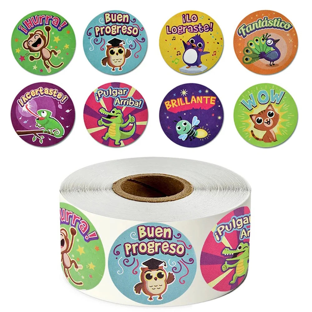 Spanish Motivational Reward Stickers for Kids – Cute Animal Encouragement Sticker Roll