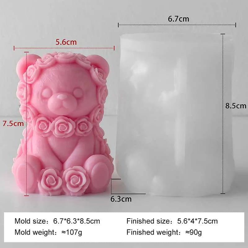 Pink rose bear silicone mold and finished product showing the size difference for DIY crafts