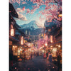 A vibrant scene of a Japanese street with pink cherry blossoms and traditional buildings.