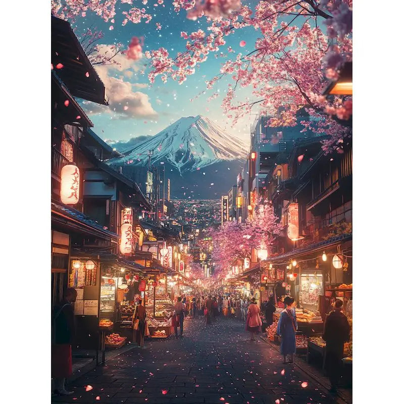 A vibrant scene of a Japanese street with pink cherry blossoms and traditional buildings.