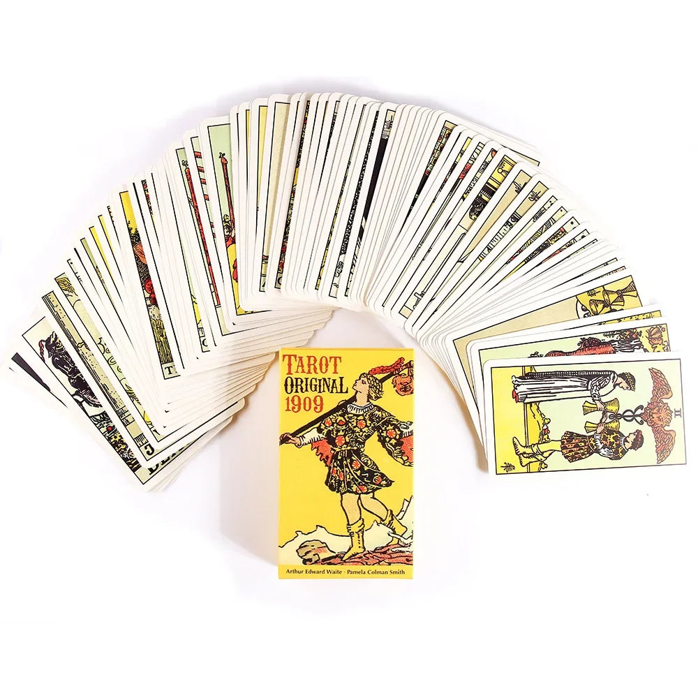 A fan of the Classic Rider-Waite-Smith Tarot Deck with guidebook, showing a stack of tarot cards.