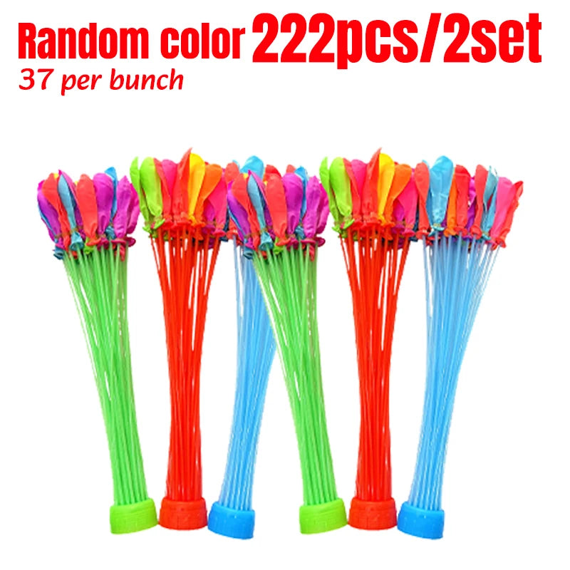 A collection of 222 self-sealing water balloons in various bright colors like pink, orange, green, and blue.