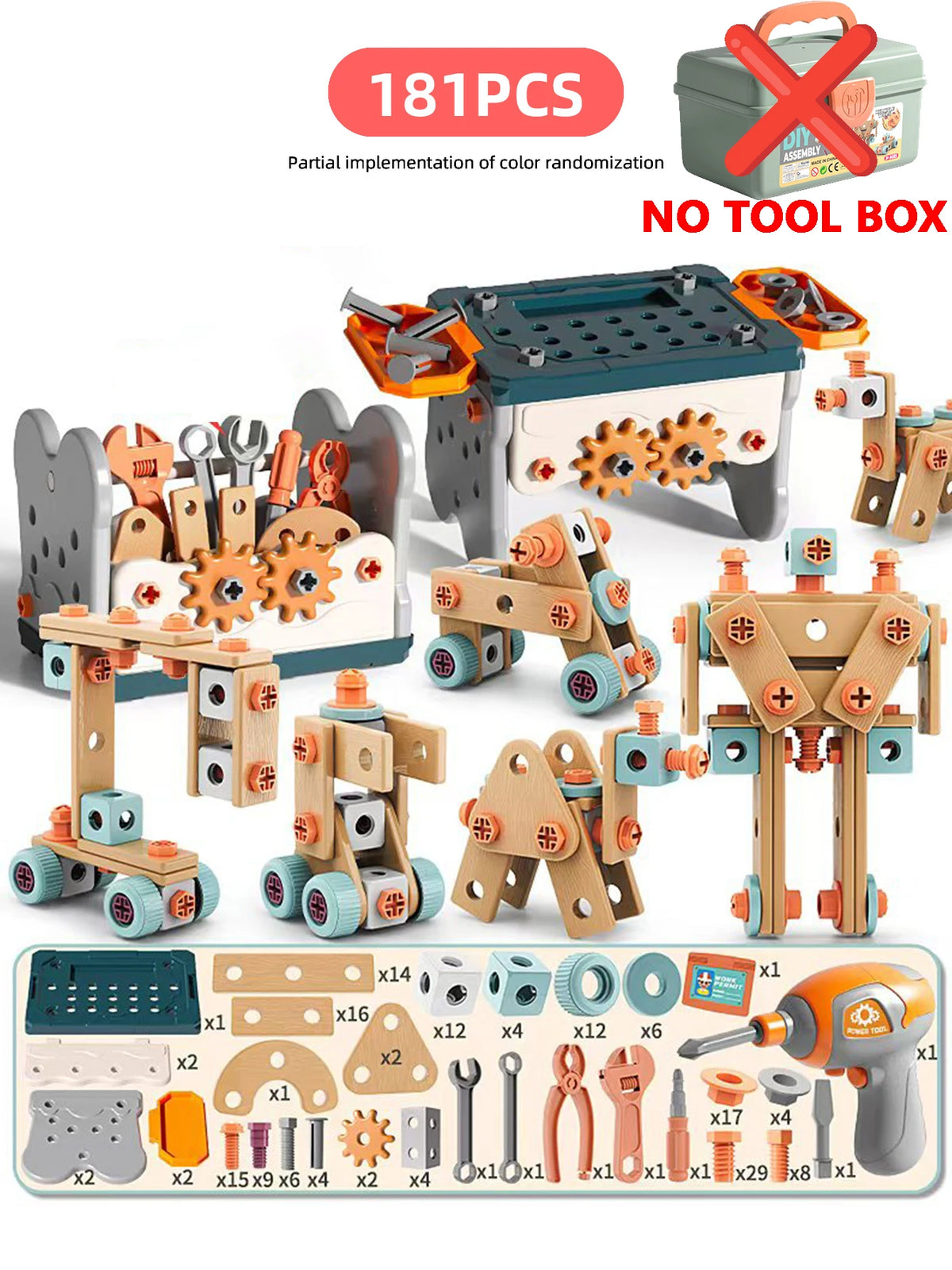 A set of 181 pieces for a kids tool kit featuring various wooden and plastic tools for STEM learning and assembly.