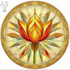 A circular wooden puzzle featuring a vibrant lotus flower design with surrounding leaves.