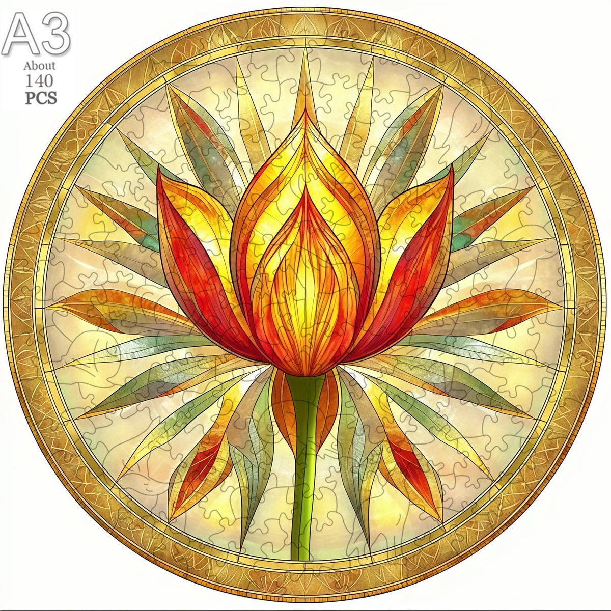 A circular wooden puzzle featuring a vibrant lotus flower design with surrounding leaves.