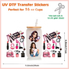 UV DTF transfer stickers for 16 oz cups featuring a woman and various makeup products